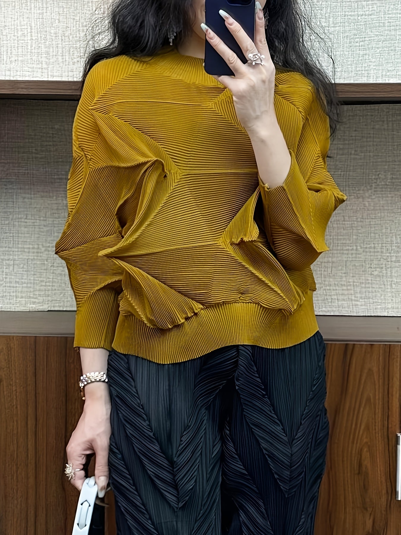 Plus Size Loose Fit Diamond Pleated Top Stylish Casual Clothing