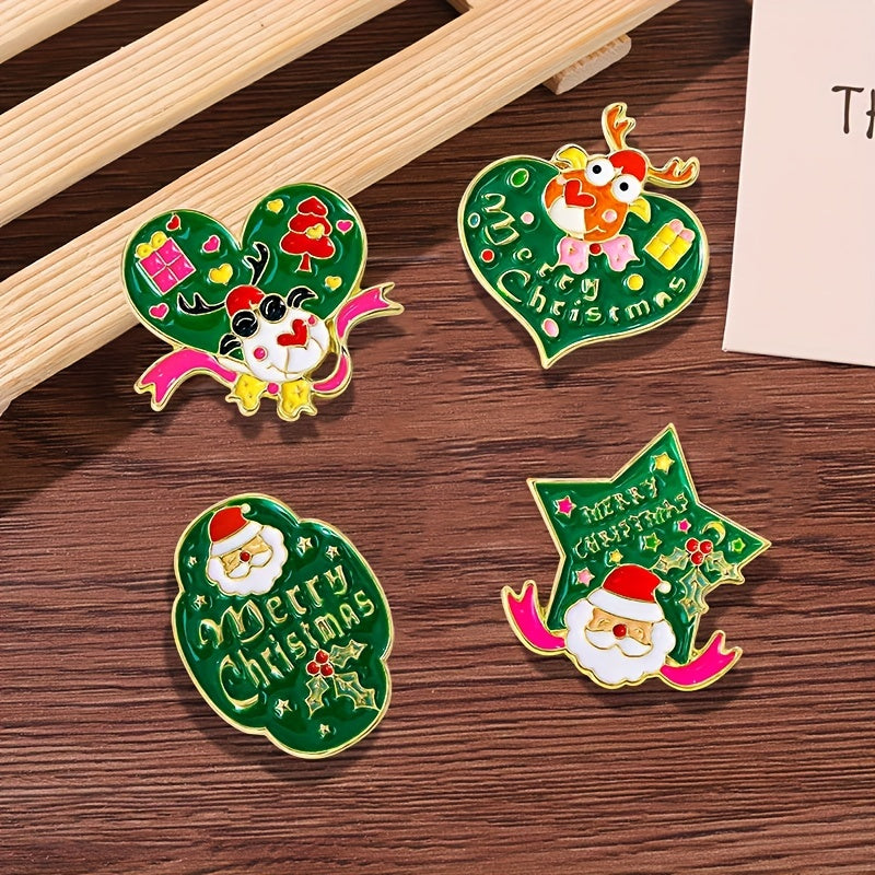 Festive Alloy Christmas Brooch Pin Set, Includes 1 Santa & 4 Reindeer Designs, Stylish Heart-Shaped Lapel Pins for Daily or Holiday Wear