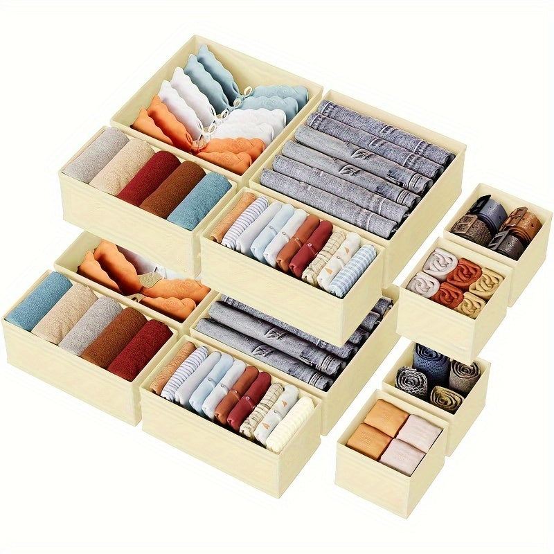 12pcs Foldable Deep Fabric Drawer Organizer with Zipper Beige for Socks Bras Towels