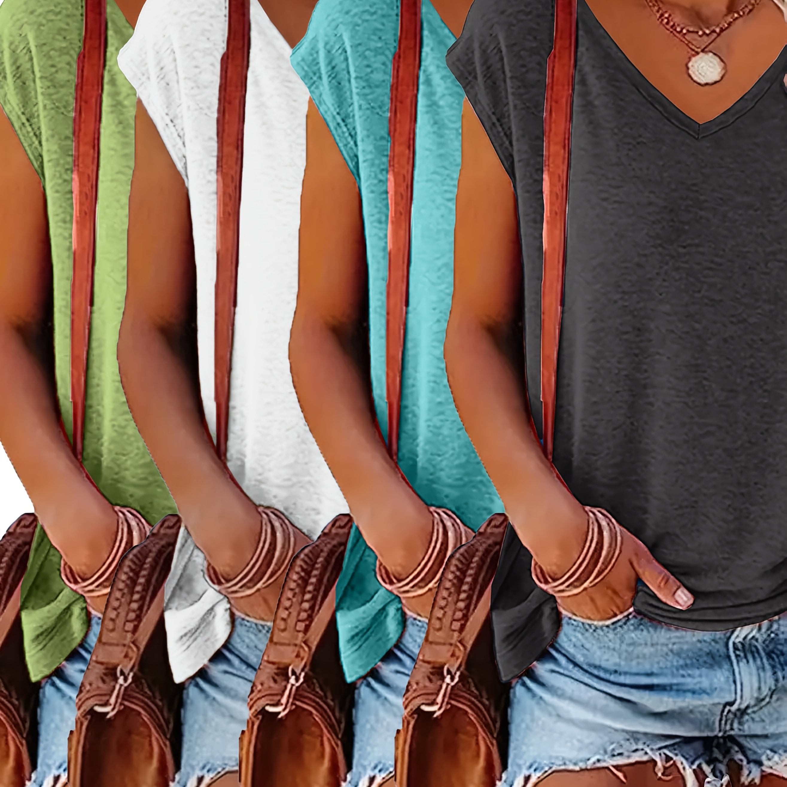 Комплектация из 4 футболок с коротким рукавом и V-образным вырезом для полных женщин, летние повседневные топы