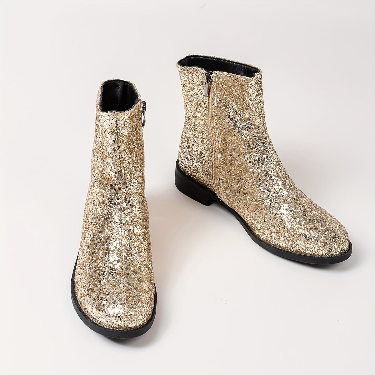 Women's Solid Color Sequin Short Boots with Zipper Warm Chunky Heel