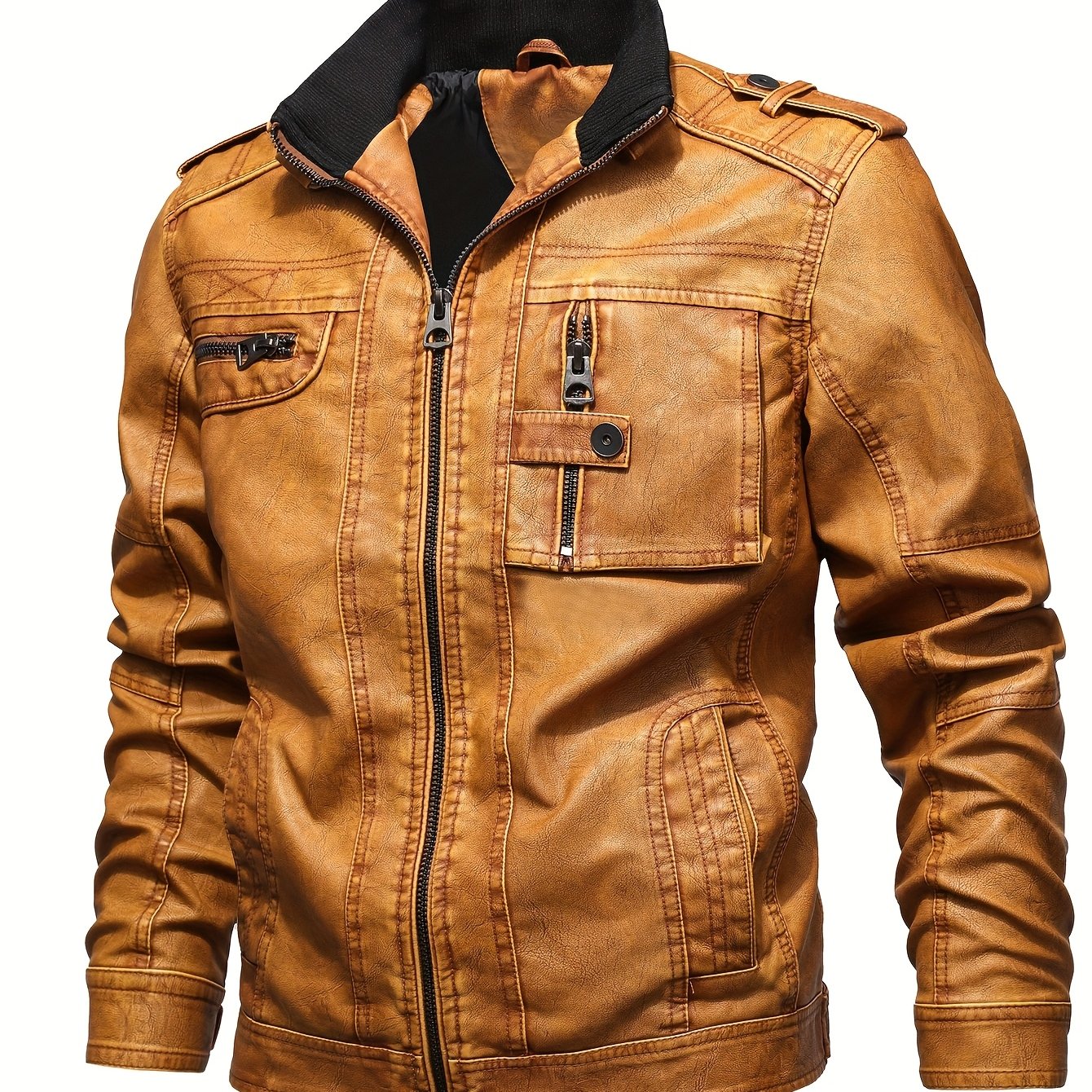 Men's Retro Motorcycle PU Jacket with Zipper and Multiple Pockets for Autumn Winter