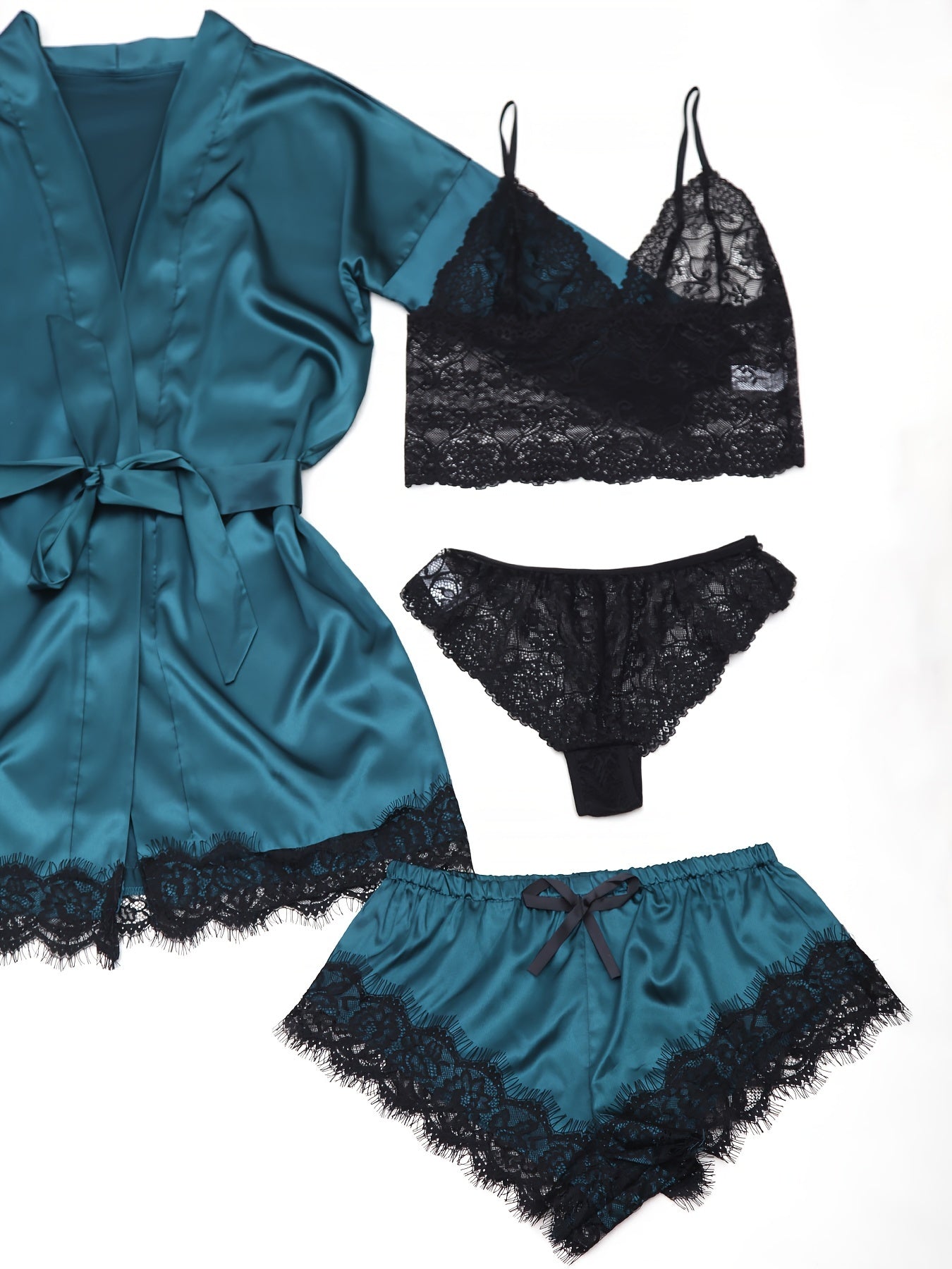 Women's Satin Pajama Set with Lace Detail 5-Piece Sleepwear with Belt in Multiple Colors