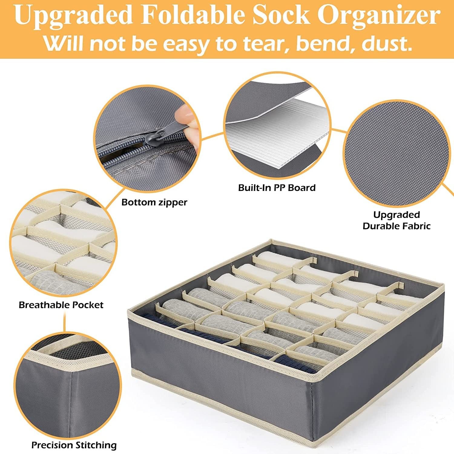 24-Compartment Foldable Storage Organizer for Socks and Underwear Soft Canvas Closet Organizer