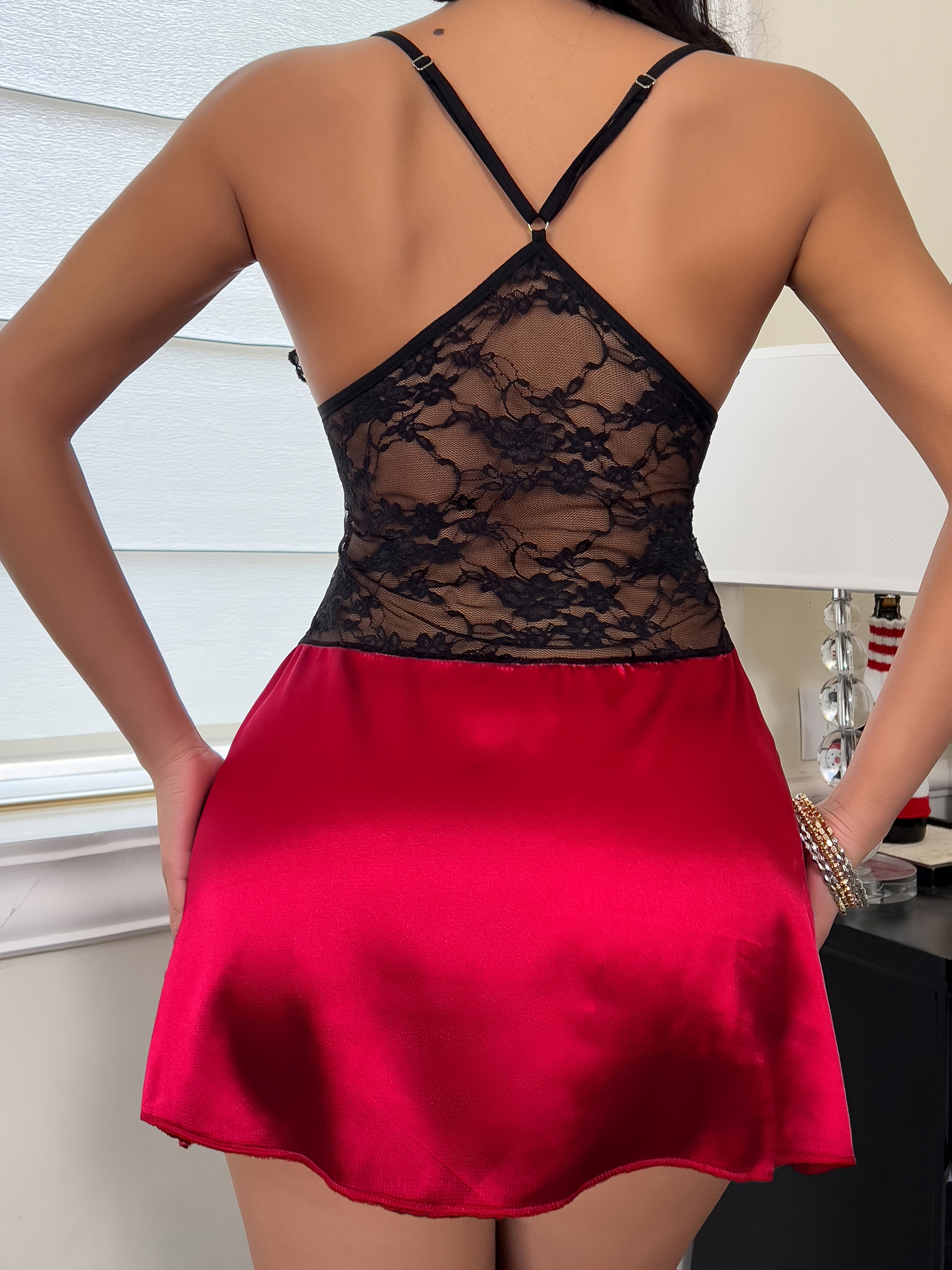 Women's Lacy Contrast Patchwork Flared Dress Deep V Bow Strap Skirt