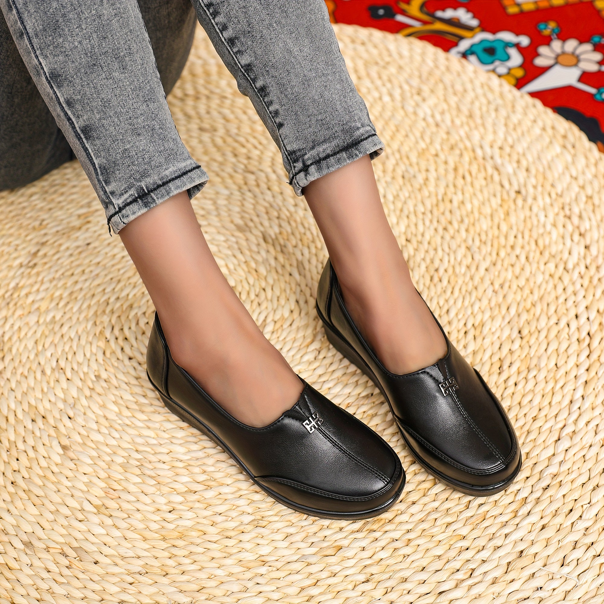 Women's Synthetic Slip-On Loafers with Wedge Heel - Casual Comfortable Flats