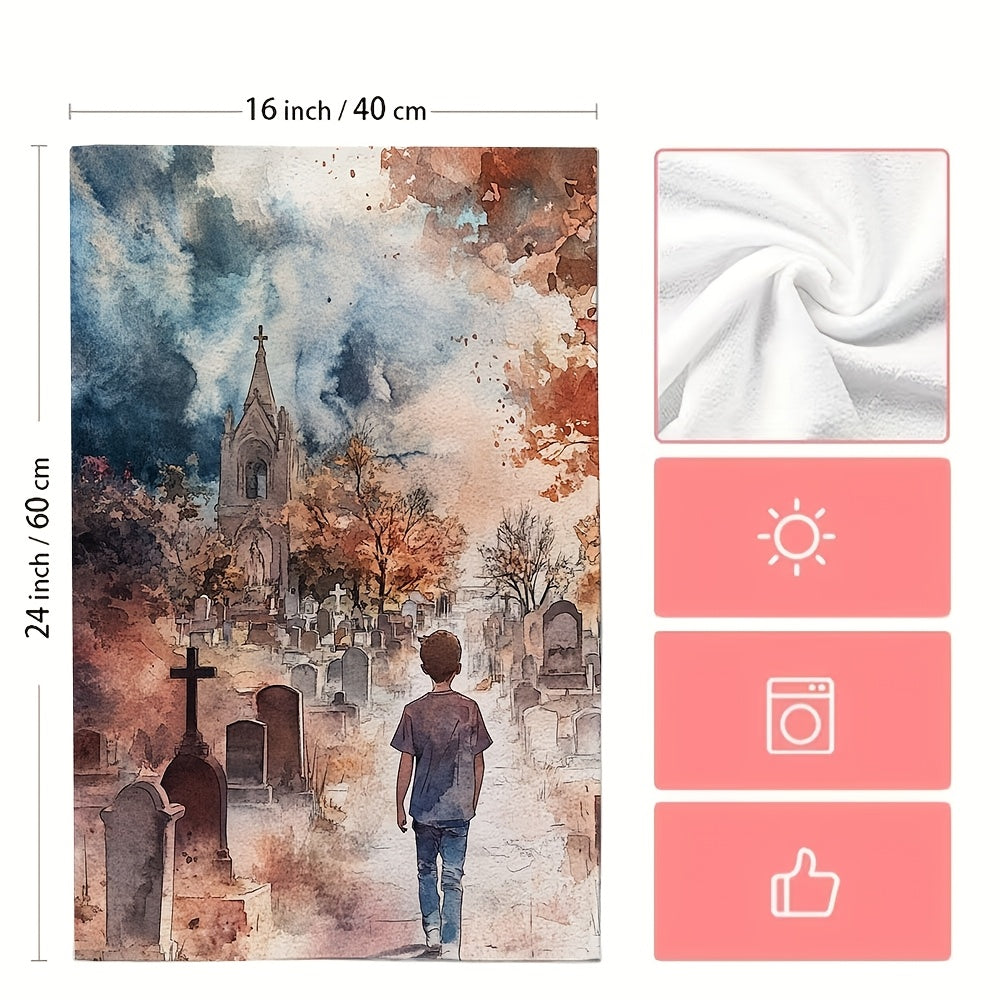 Set of 2 Watercolor Cemetery Kitchen Towels, Ultra Soft, Absorbent, 16x24 Inches