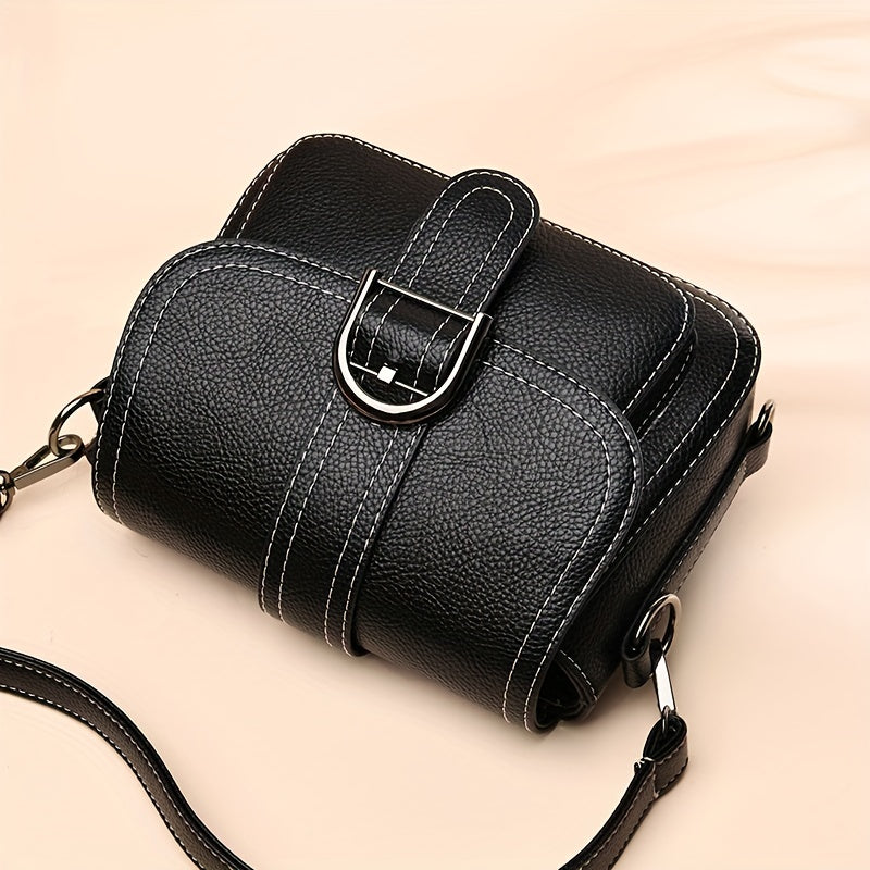 Solid Color Crossbody Bag for Women with Buckle Decor and Flap Closure