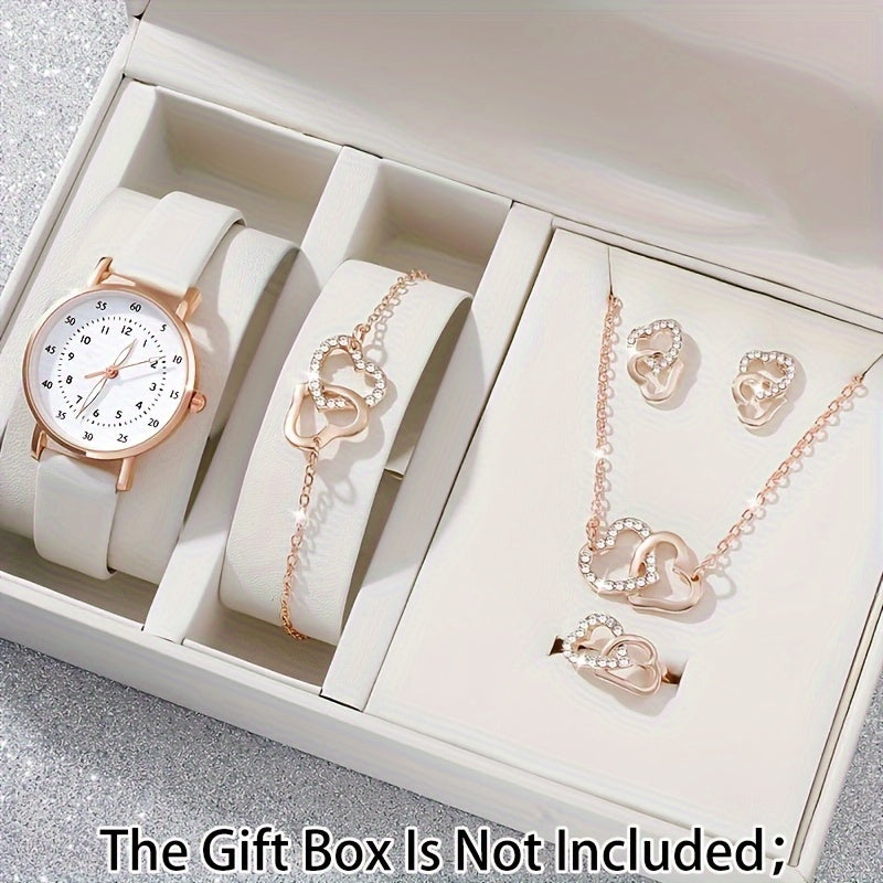 Set of 6 Women's Casual Round Quartz Watches with Leather Wristbands and Jewelry Gift Set