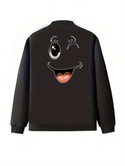 Plus Size Women's Black Zip-Up Jacket with Smile Design All-Season Outerwear