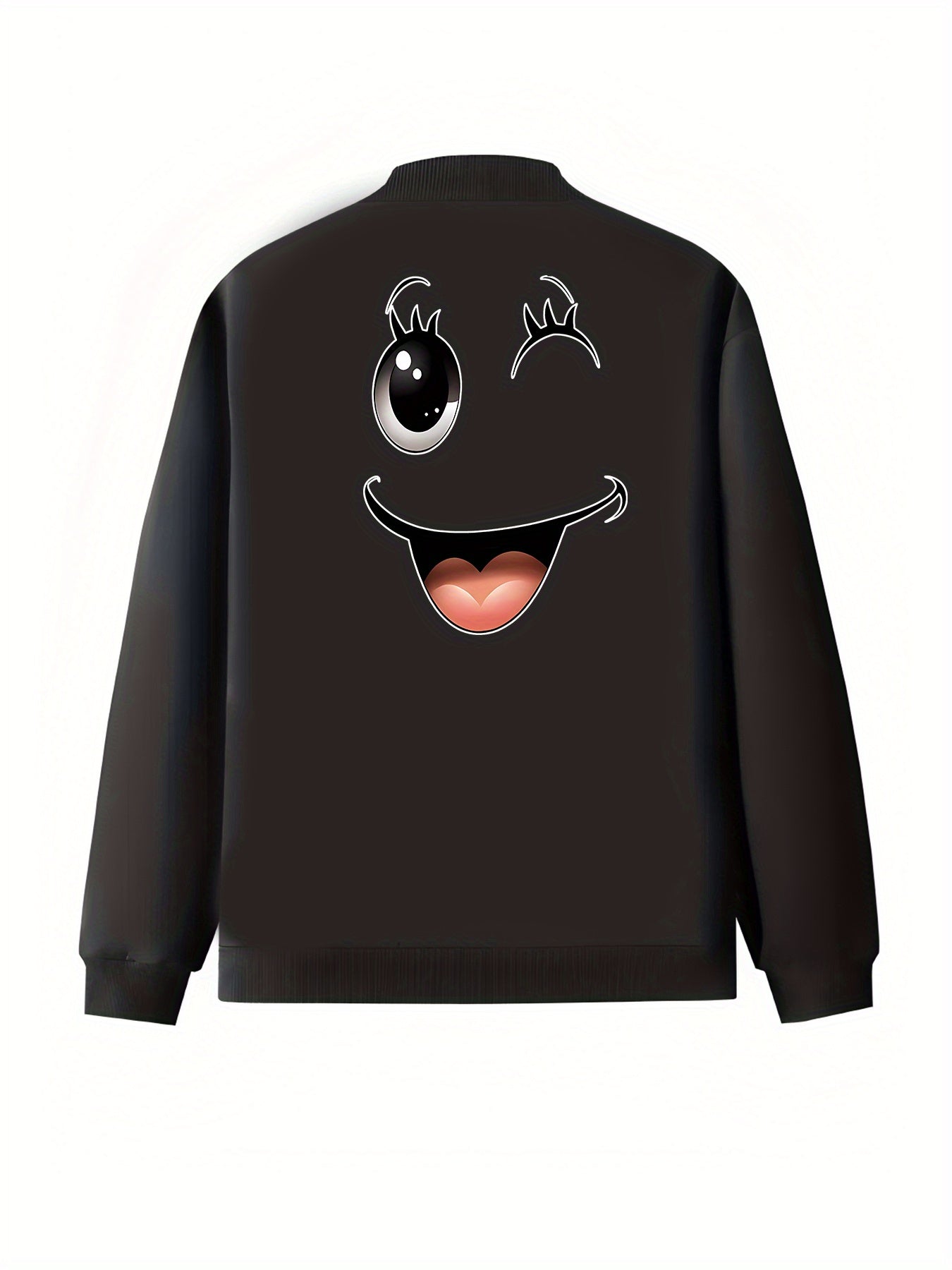 Plus Size Women's Black Zip-Up Jacket with Smile Design All-Season Outerwear