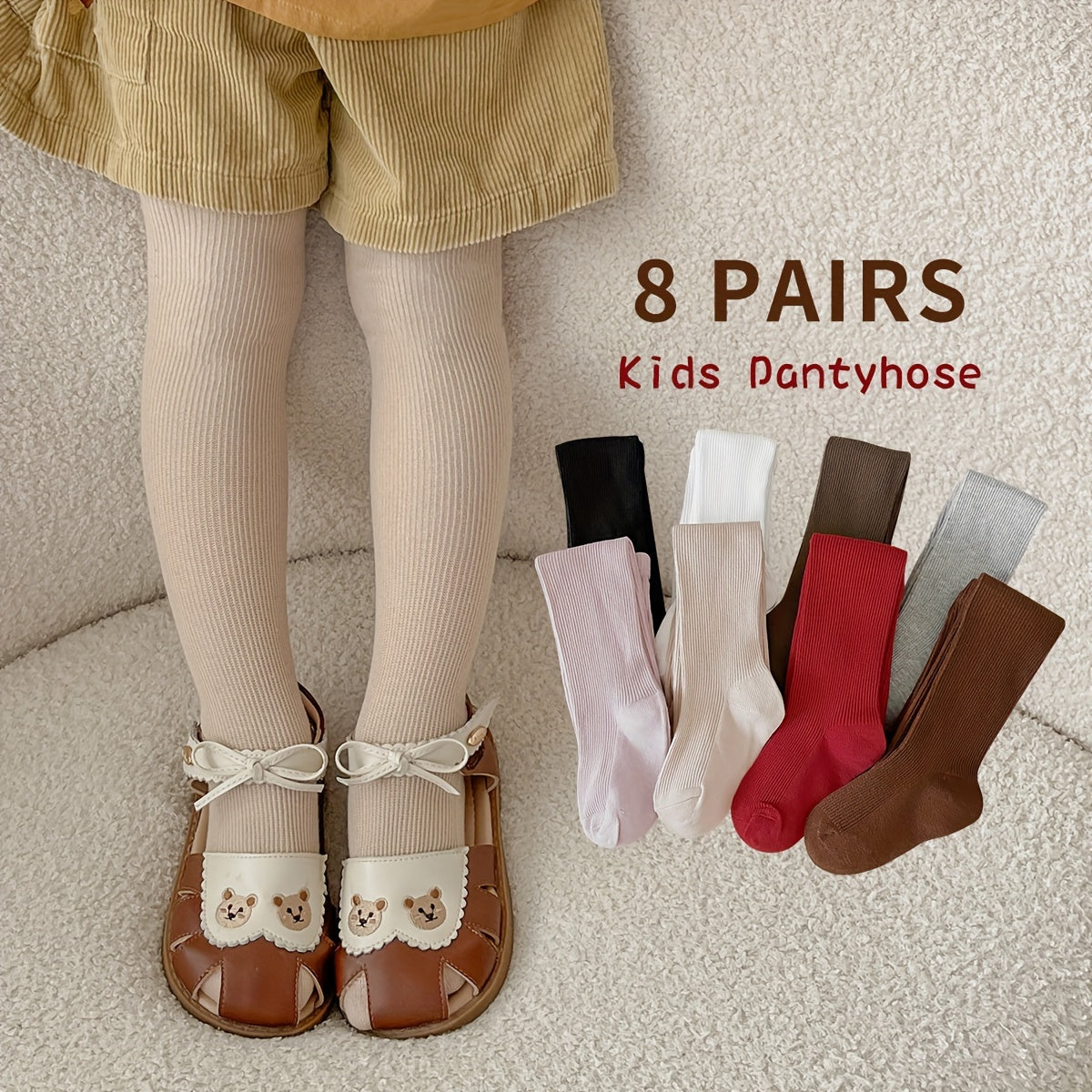 8-Pack Kids Cotton Tights with Striped Design for Girls All-Season Stretchy Hand-Washable