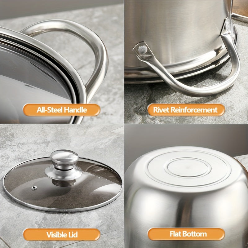 Premium zanglamas po'latdan yasalgan sho'rva qozoni shaffof shisha qopqoq bilan jihozlangan - mustahkam va ko'tarilgan, qaynatmalar va sho'rvalar tayyorlash uchun ko'p funksiyali, gaz va induksion plitalar uchun mos, uy va tijorat oshxonalarida mukammal.