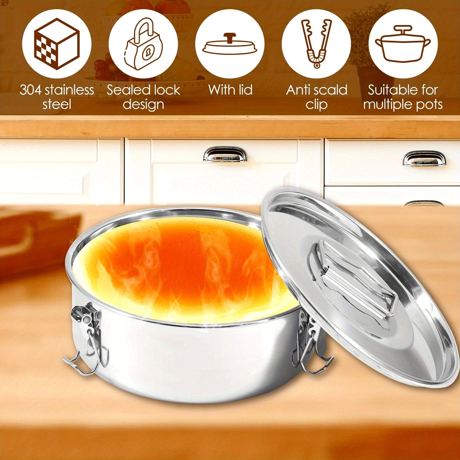 Stainless Steel Multi-Functional Flan Maker with Lid and Handle for Cheesecakes Puddings