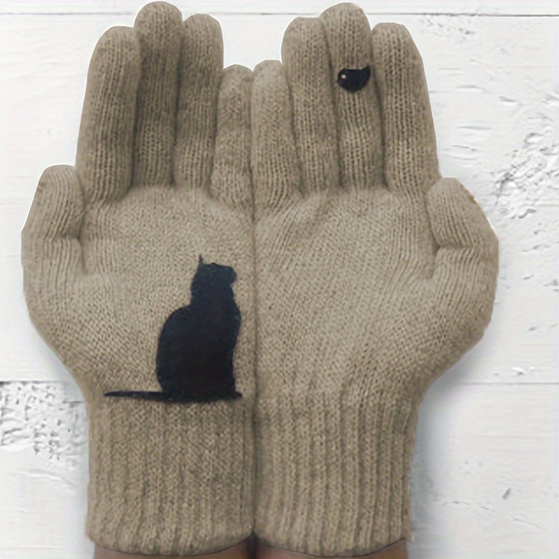 Knit Gloves for Women with Cat Print Split Finger Design Warm Winter Accessories