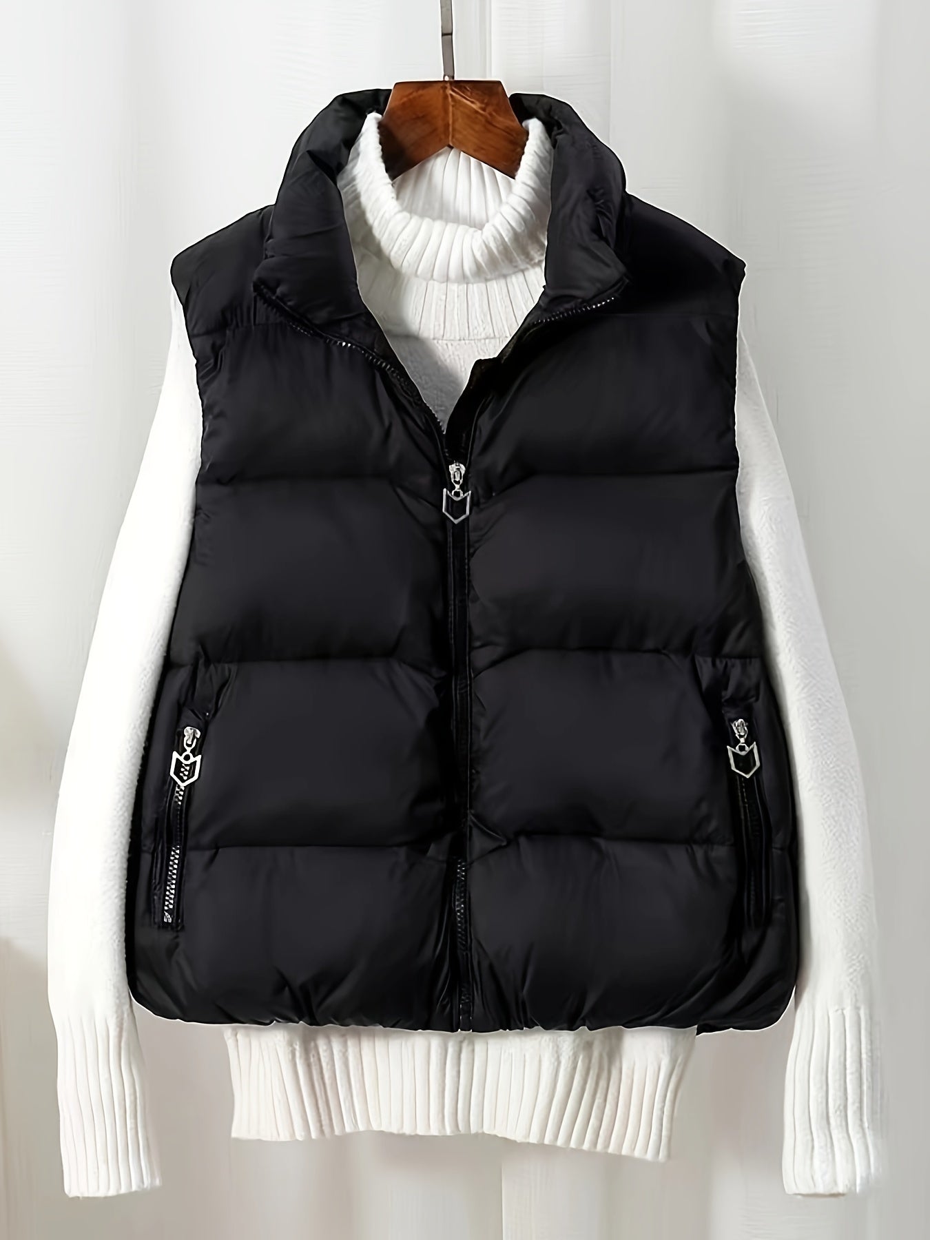 Women's Sleeveless Beige Puffer Vest with Side Pockets and Zipper for Fall Winter