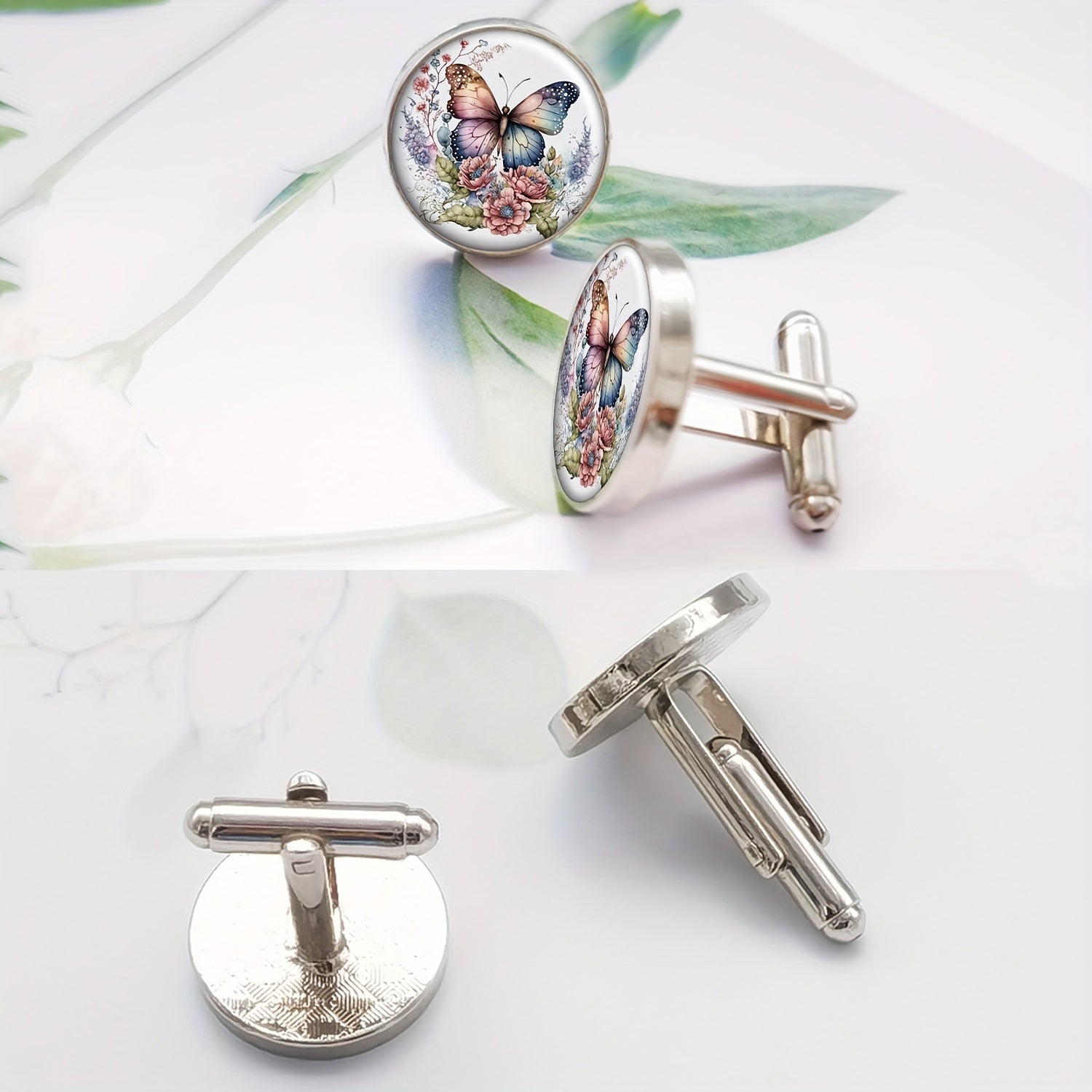 Men and Women Metal Cufflinks Set with Vintage Butterfly Floral Design for Tuxedo or Wedding