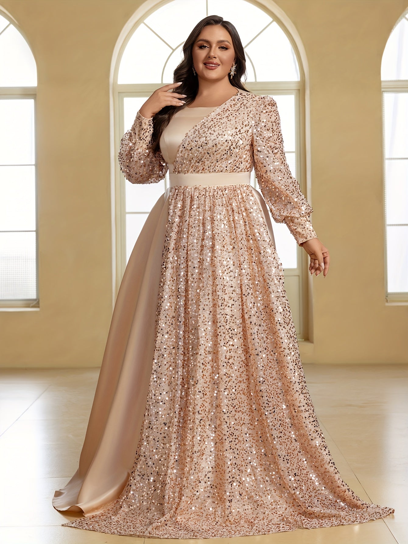 Plus Size Formal Evening Dress Satin Sequin Lantern Sleeve Gown