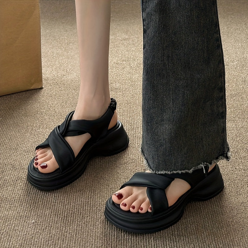 Women's Open-Toe Slip-On Platform Sandals Cushioned Mid-Heel Black White