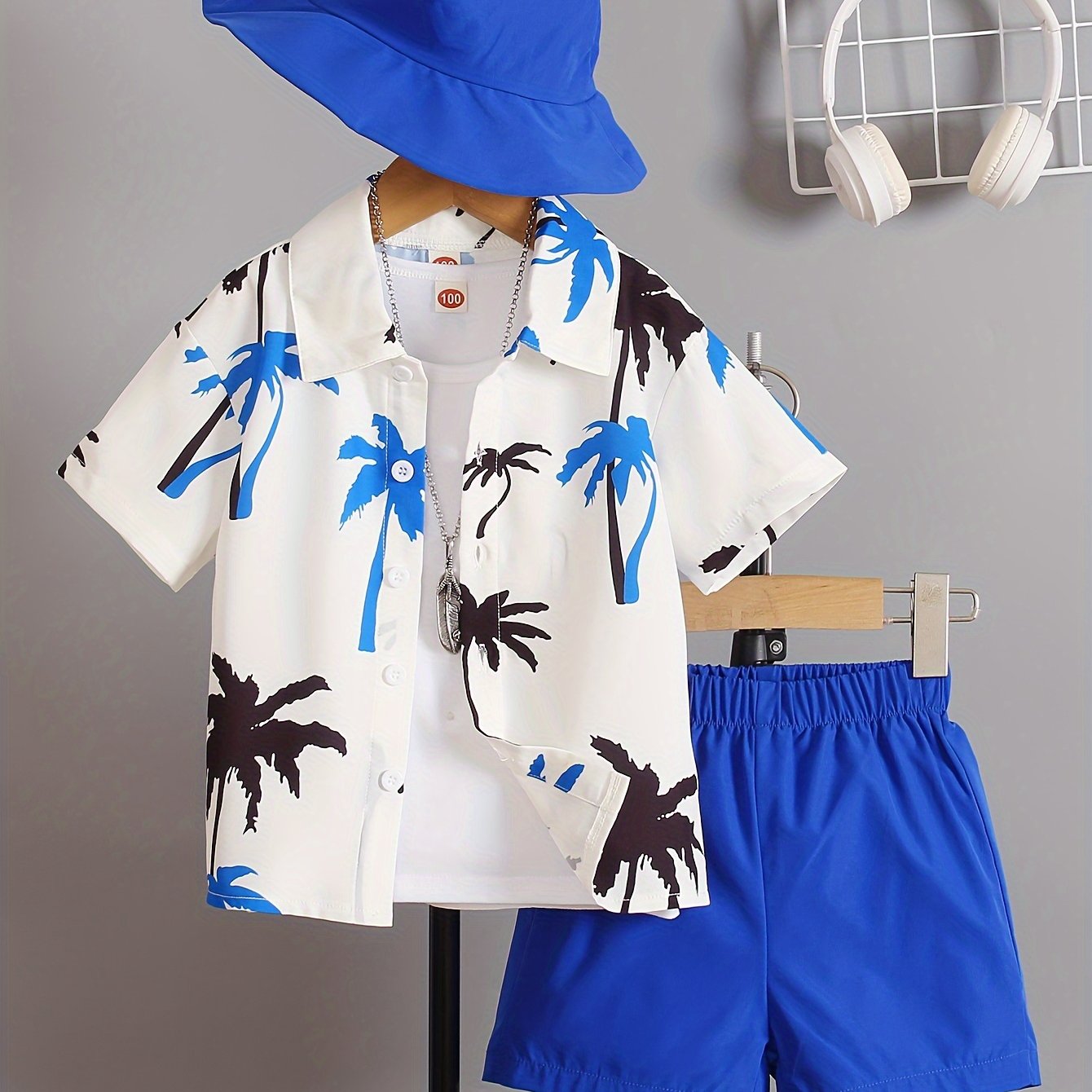 Boys Summer Clothing Set with Coconut Tree Graphic Shirt Shorts Hat for Kids