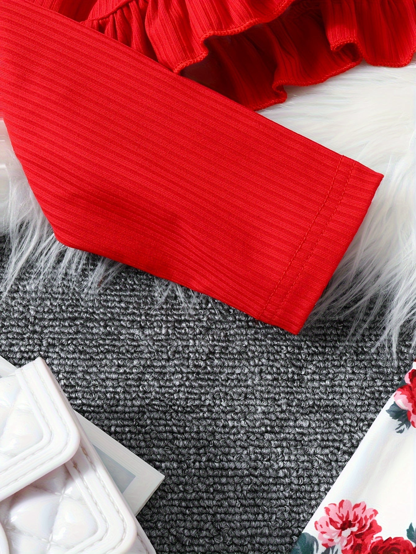 Girls' Spring Fall Floral Dress Set with Ruffle Hem and Crew Neck Top