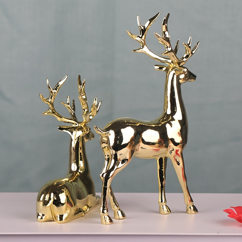 Gold-Plated Christmas Reindeer Statues for Home Decor and Holiday Tabletop Displays