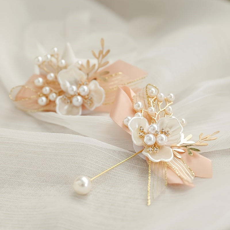 Conjunto de corsage y pulsera de aleación boho con perlas falsas para bodas y celebraciones