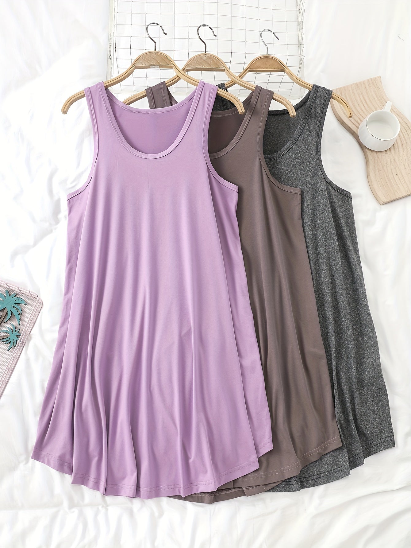 Women's Sleeveless Cotton Nightgowns 3-Pack Solid Color Sleep Dresses