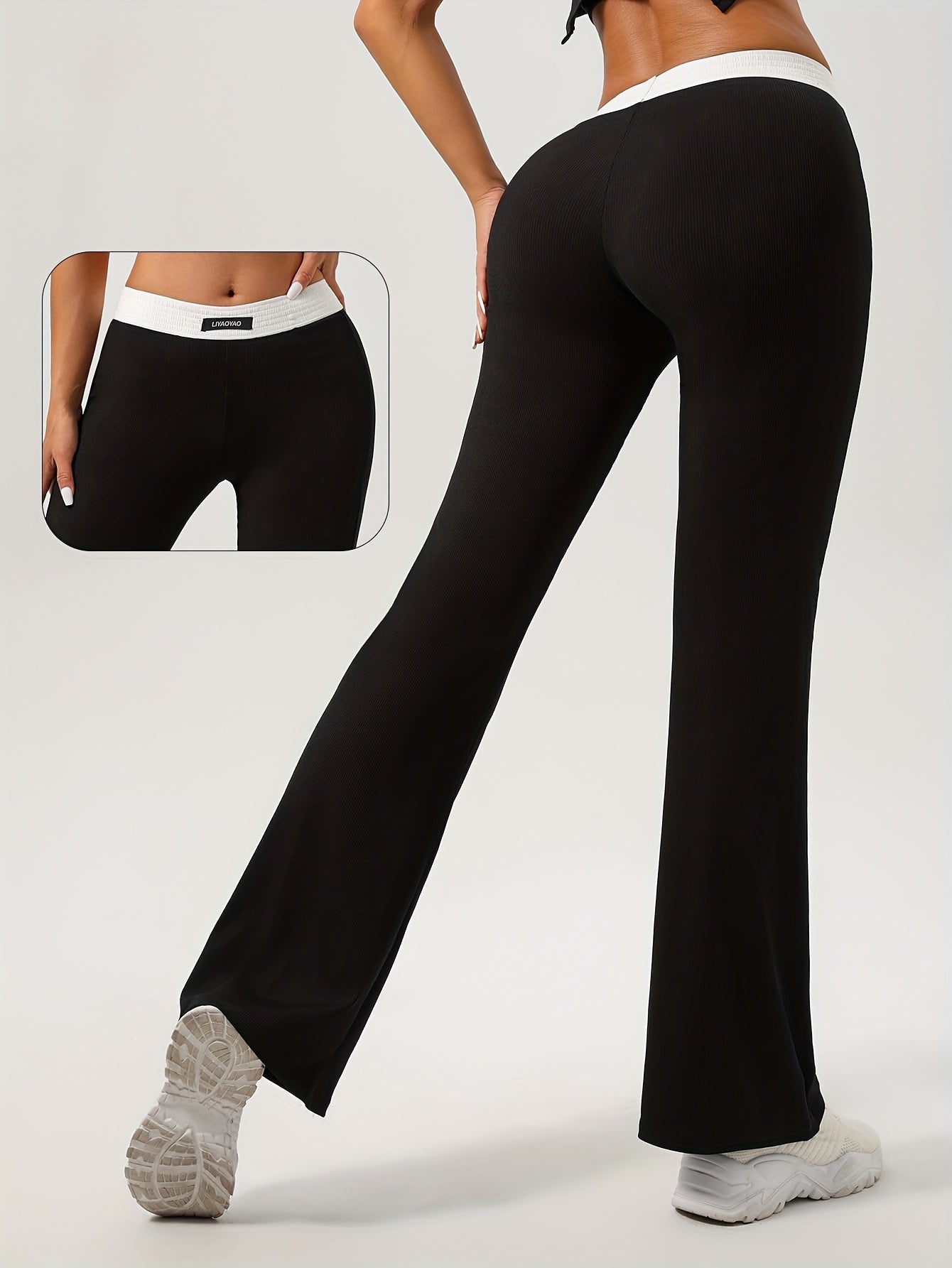 Women's High Waist Flare Pants with Contrasting Color Details and Stretch Fabric for Casual Fall Wear