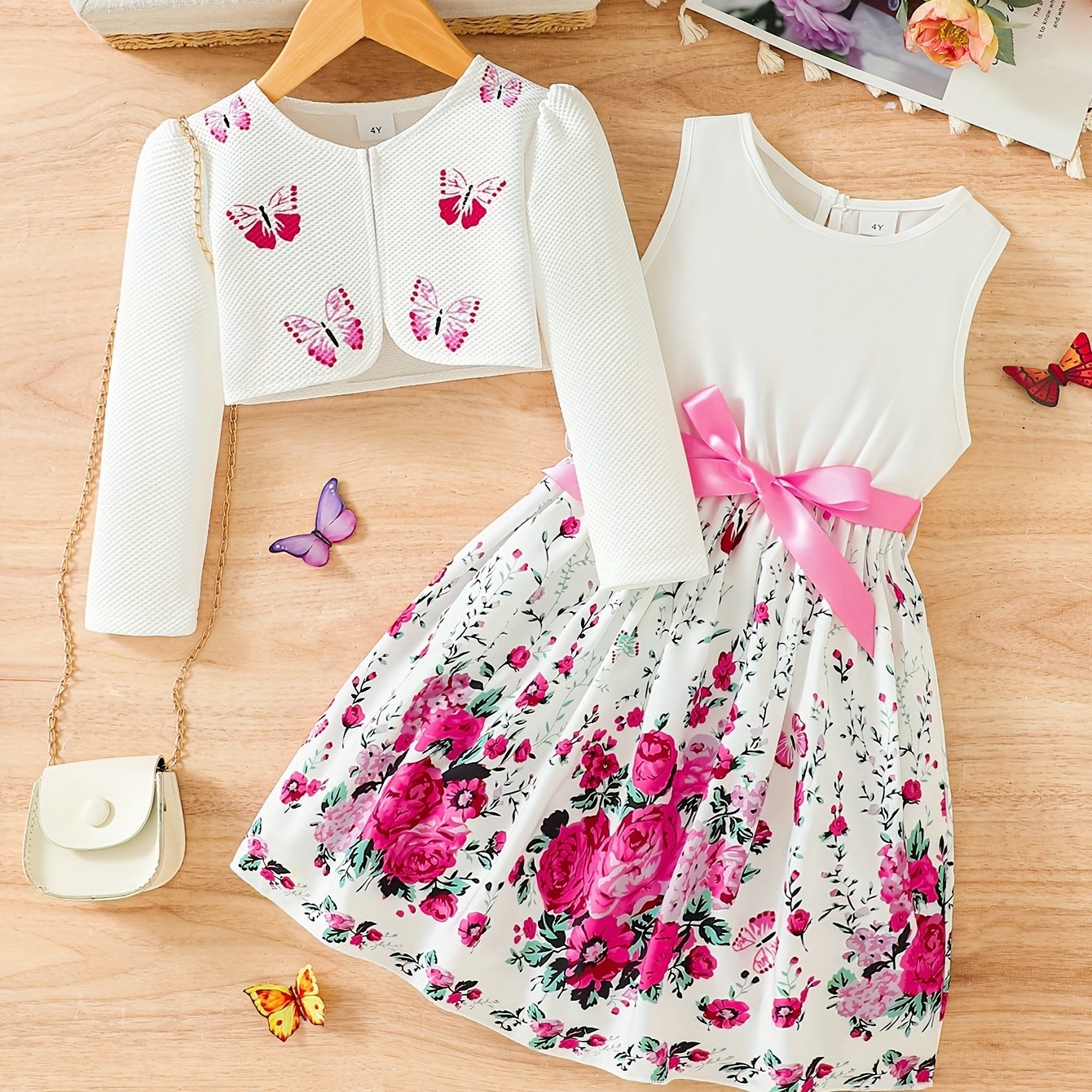 Girls Butterfly Casual Two-Piece Dress Set with Midi Length and Belt