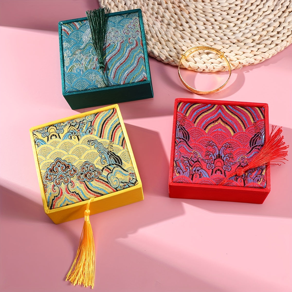 Chinese Style Storage Box with Tassel and Ancient Poetry Fabric Brocade for Jewelry Organizer