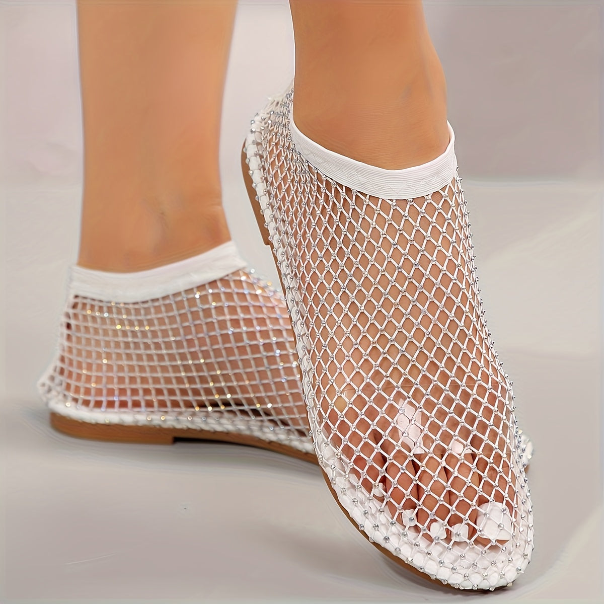 Women's Rhinestone Mesh Flat Shoes with Crystal Embellishments and Rubber Sole