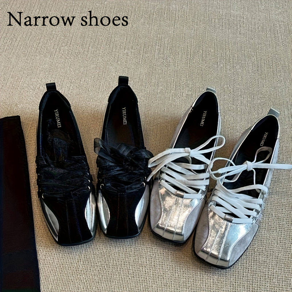 Women's French-Inspired Mary Jane Flats Square Toe Lace-Up Shoes Black White