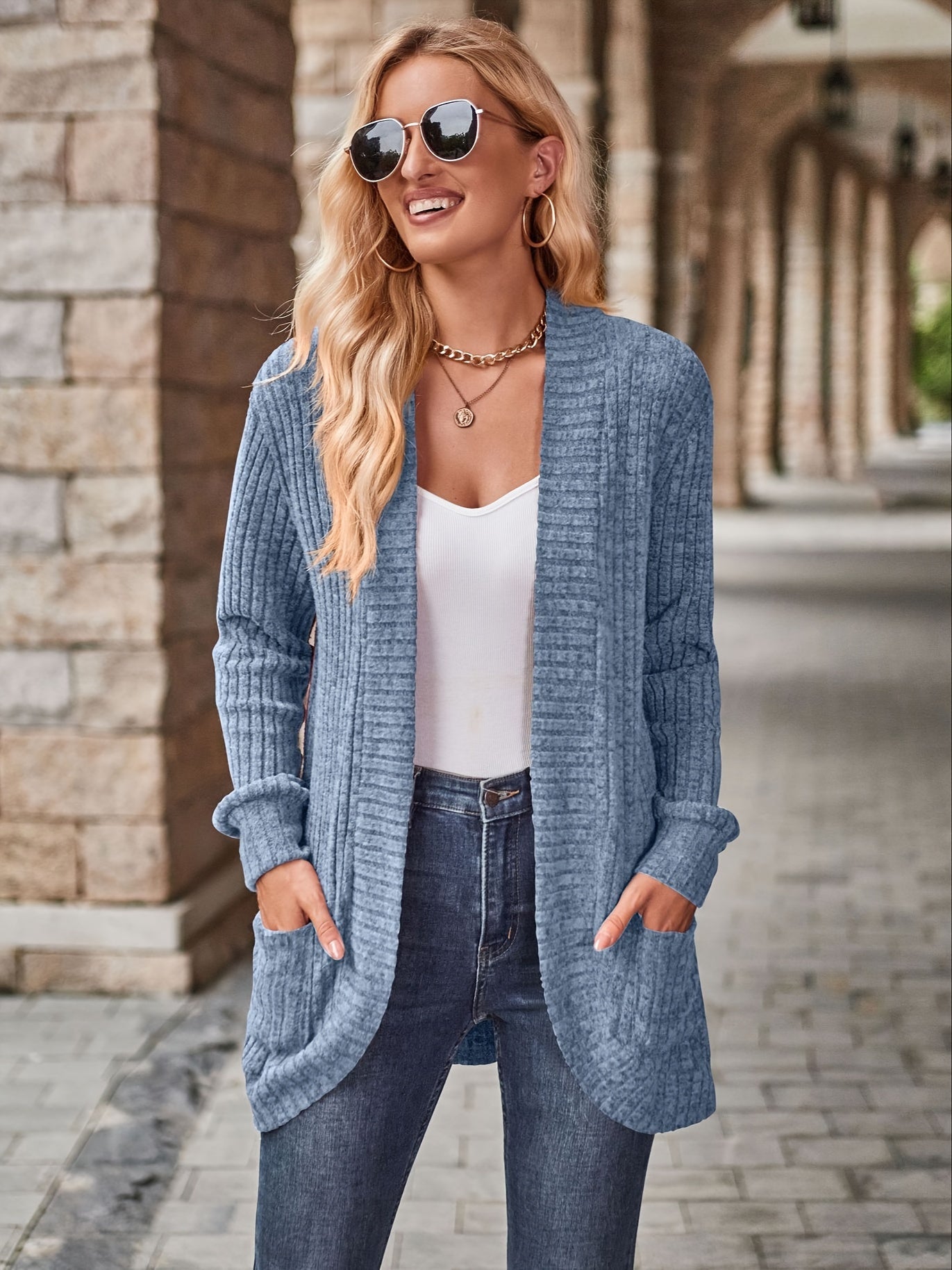 Women's Solid Color Ribbed Knit Cardigan with Pockets Long Sleeve Outerwear