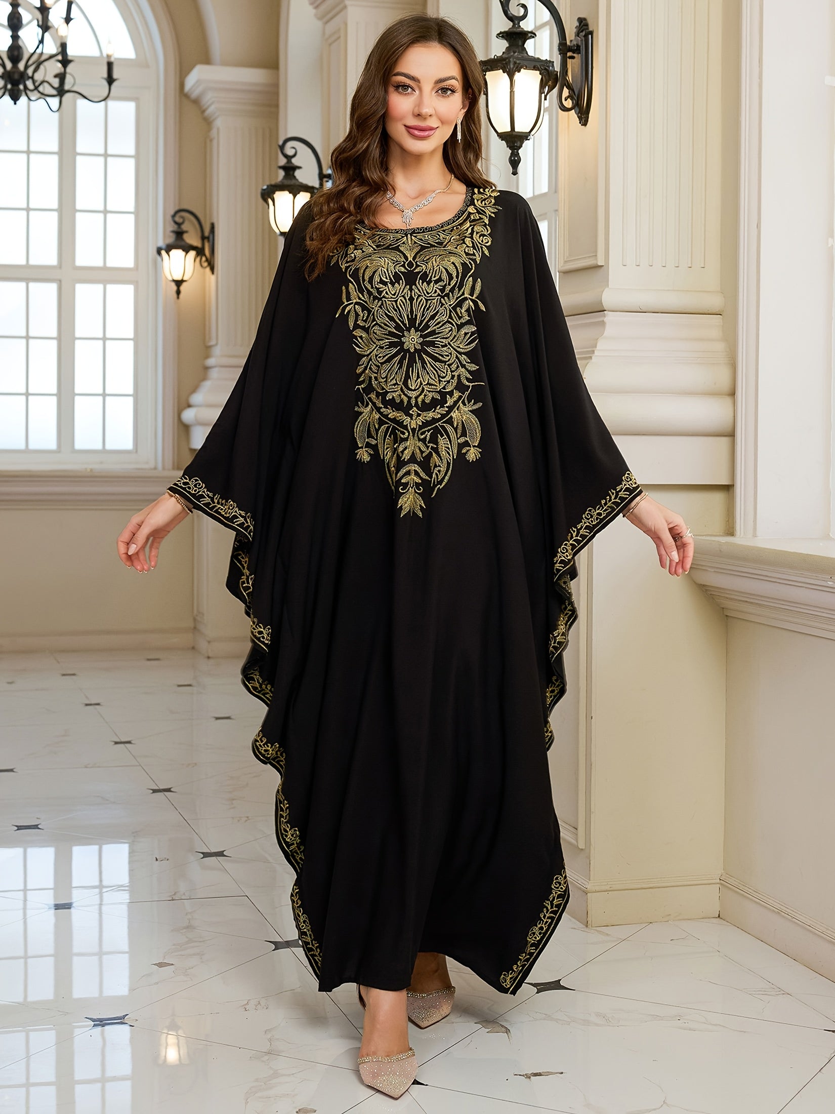 Women's Plus Size Floral Embroidered Kaftan Cover-Up Dress Black Loose Fit Batwing Sleeves