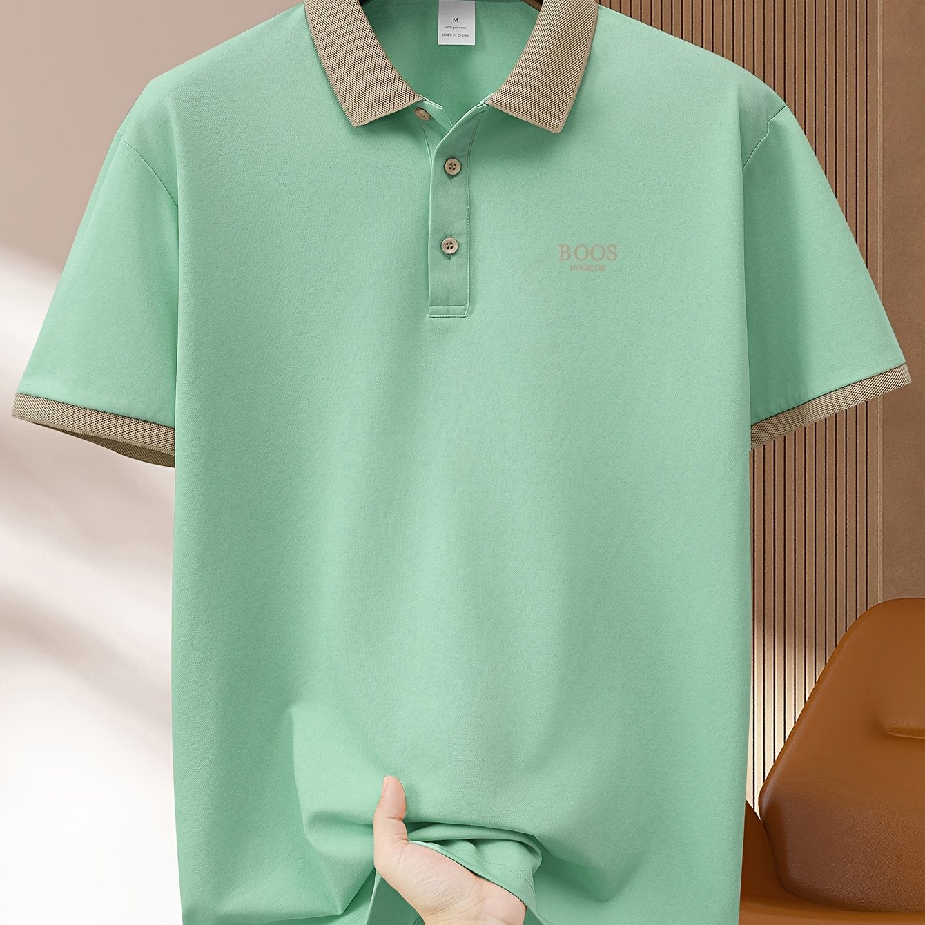 Camisa polo casual de hombre de color verde claro de manga corta, poliéster, para golf y deportes