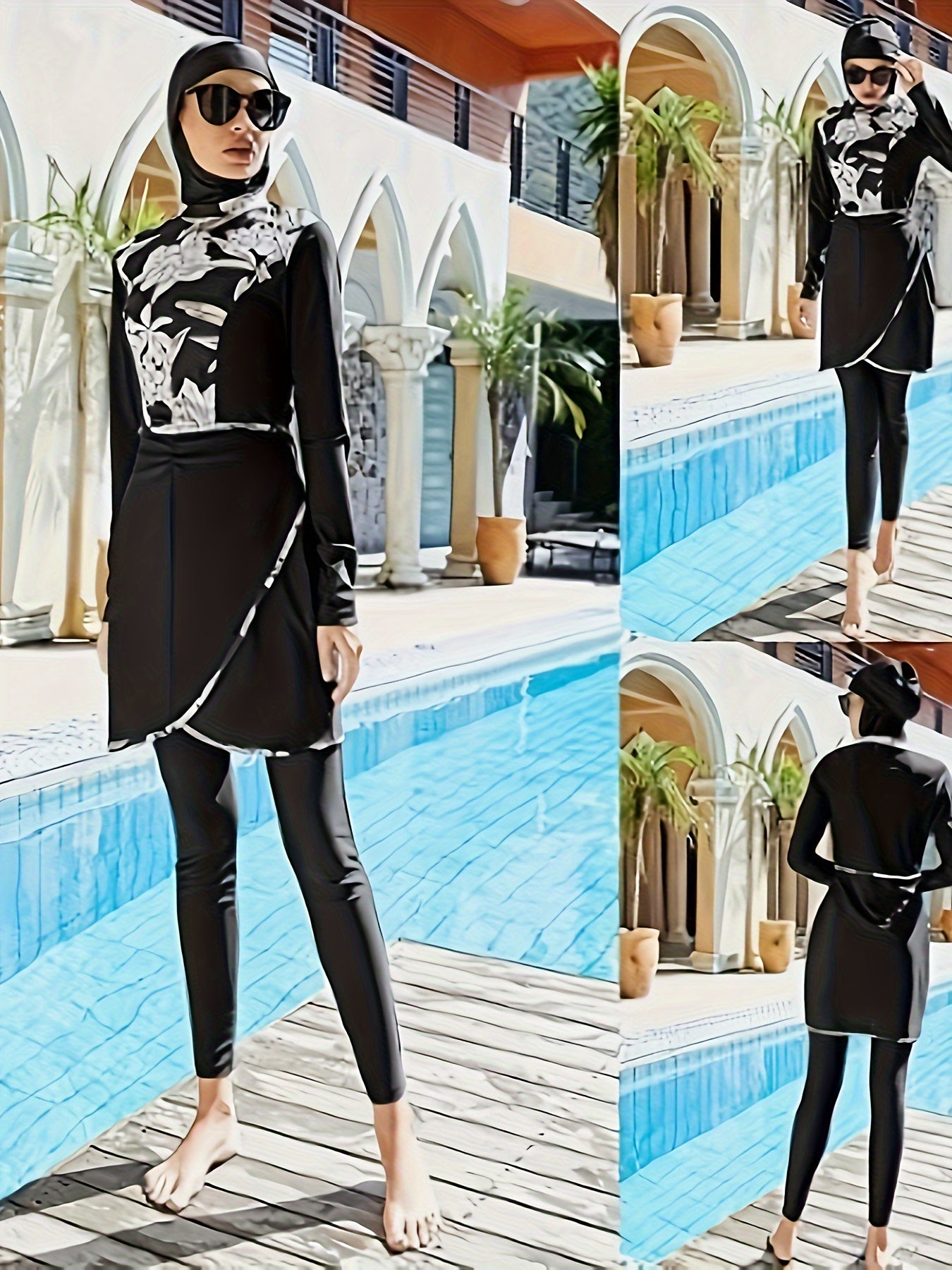 Muslim Three-Piece Swimsuit Full Coverage Sunscreen Print Polyester Beachwear