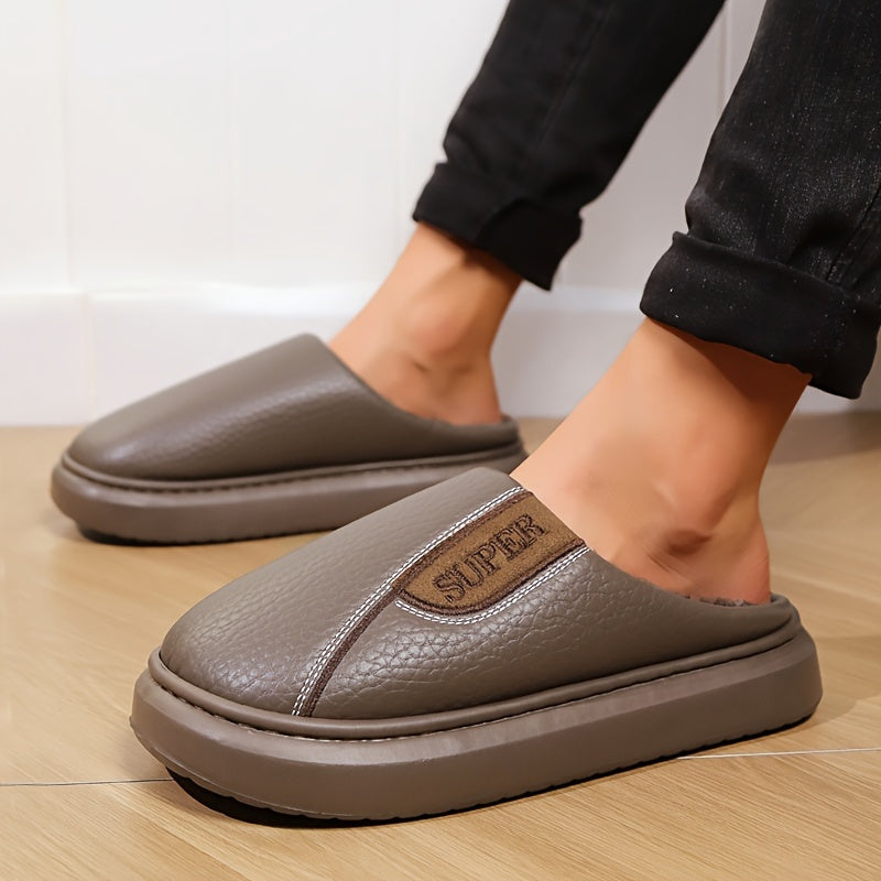 Men's Extra Large Winter Indoor Slippers with Fleece Lining Non-Slip TPR Sole Striped Pattern