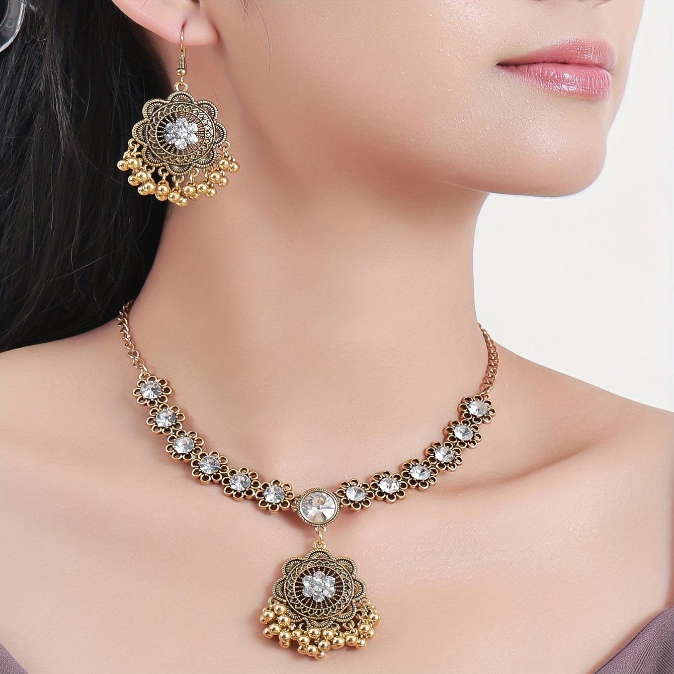 Оловянное золото с позолотой ретро дворец цветок сливы кулон и серьги набор для женщин