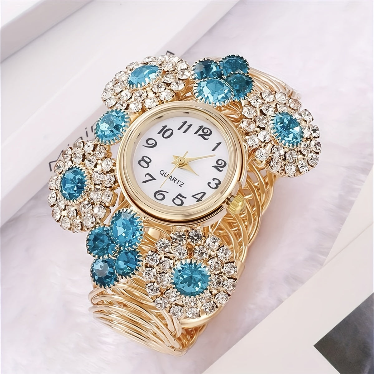 Women’s Rhinestone Quartz Watch Set with Jewelry Bracelet and Cuff in Boho Style