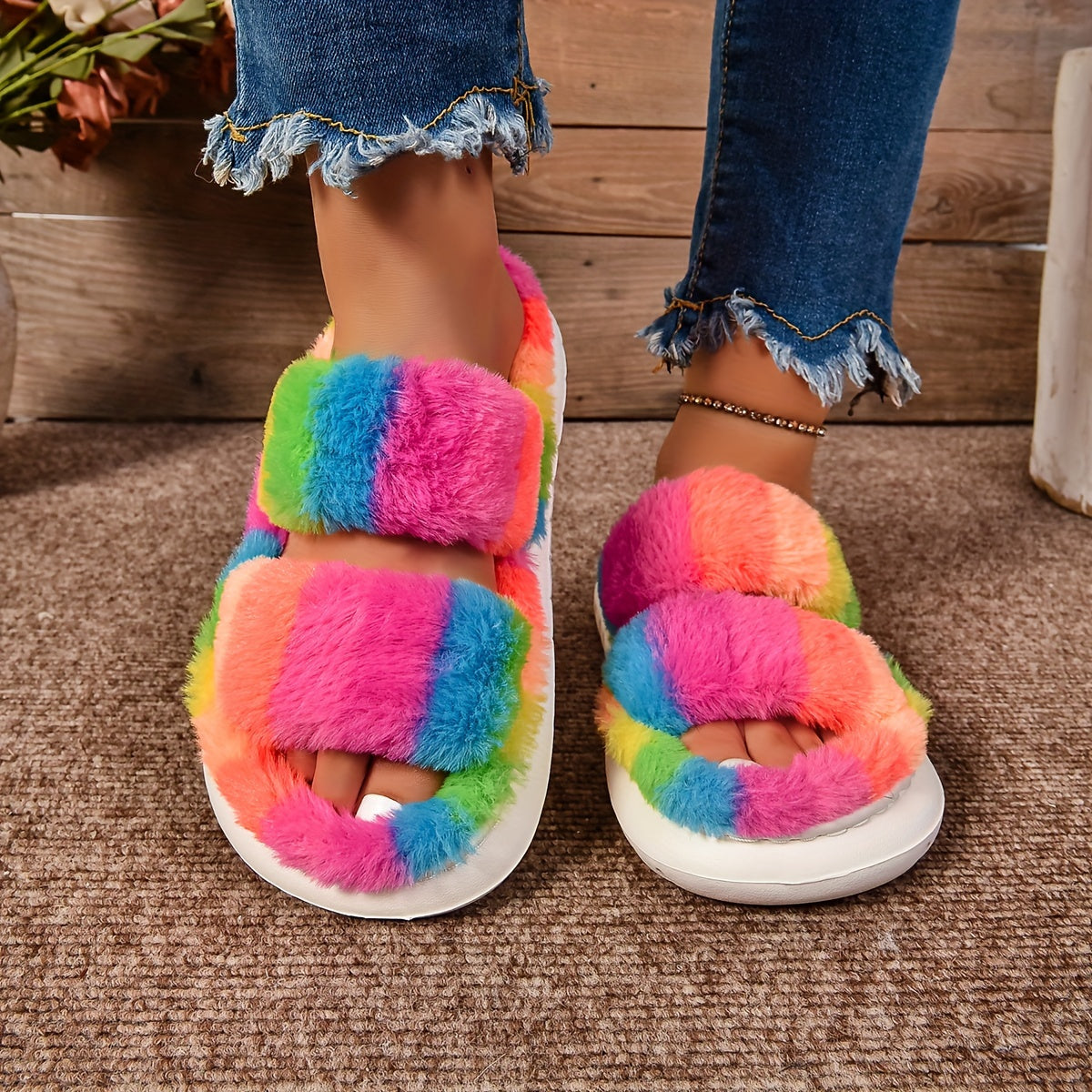 Women's Faux Fur Slides Thick Sole Non-Slip Indoor Slippers