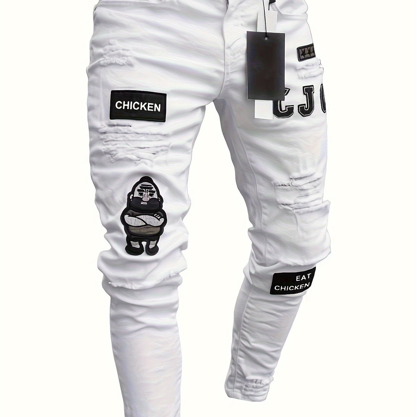 Vaqueros de mezclilla de corte ajustado para hombre con elastano, rotos, con detalles de insignias, lavado medio gris