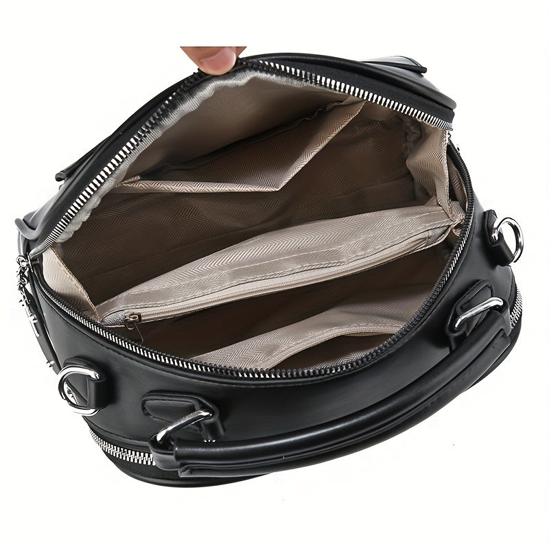 Women's Black PU Casual Shoulder Bag with Zipper Closure and Polyester Lining