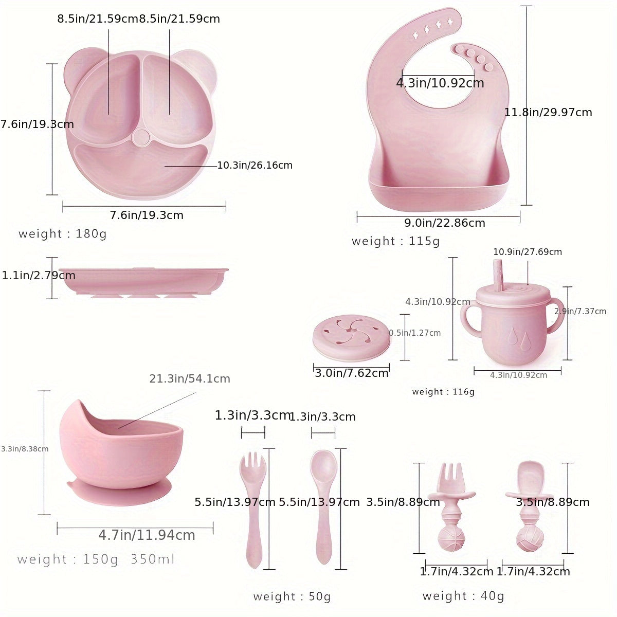 Toddler Feeding Set with Suction Cup Dividers Spoon Fork Straw Cup Bib 10-Piece BPA-Free Silicone Pink Animal Print