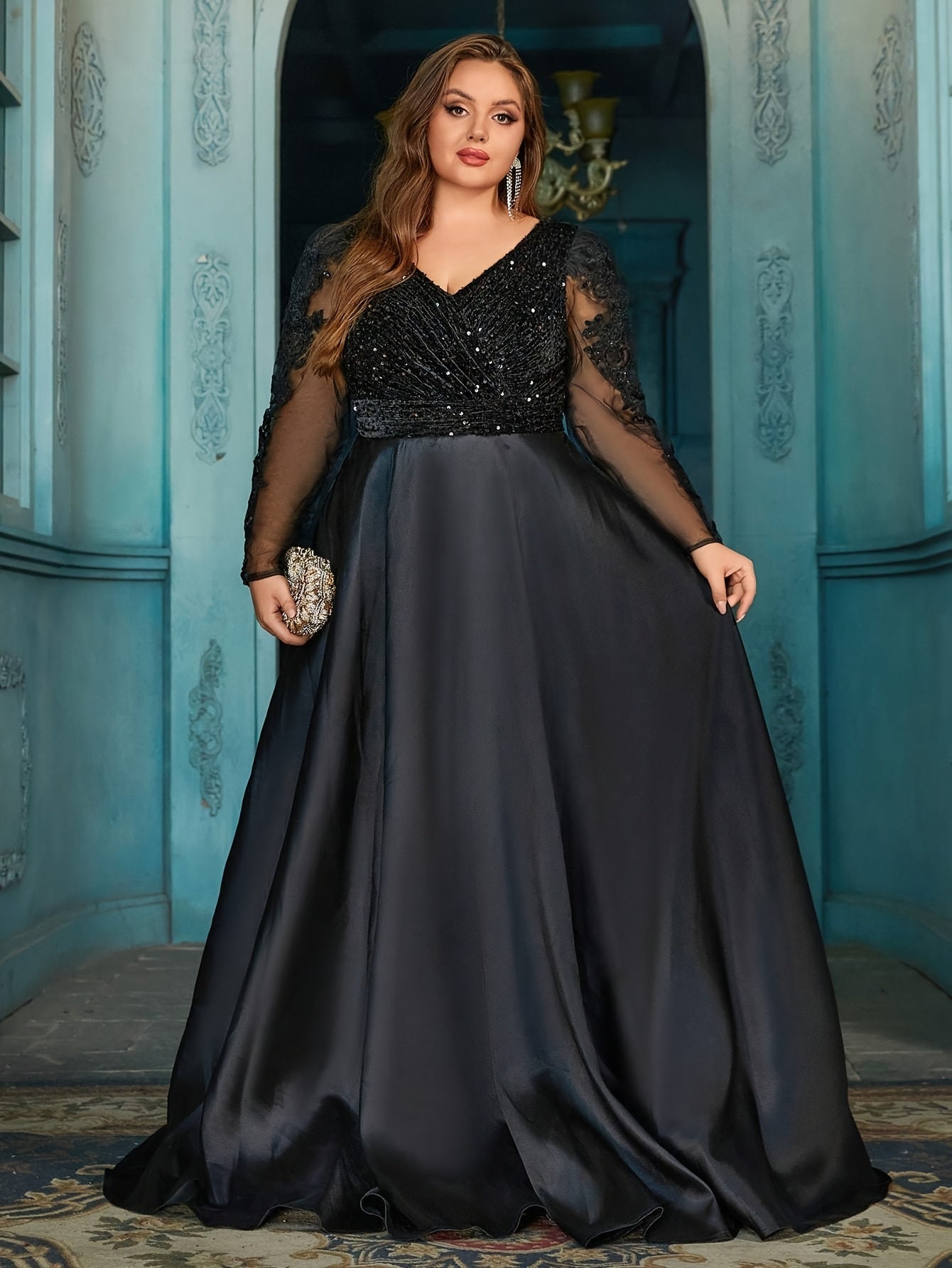 Plus Size V-Neck Long Gown with Rhinestone Embellishments Formal Evening Dress