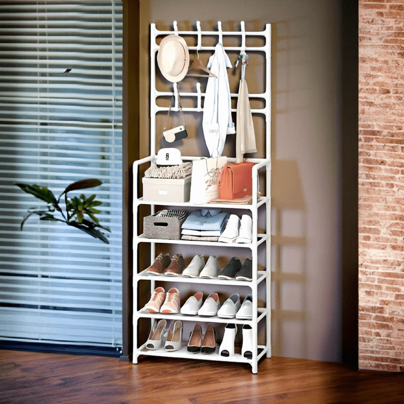 5-Tier Plastic Shoe Rack with 18 Hooks Waterproof Freestanding Organizer