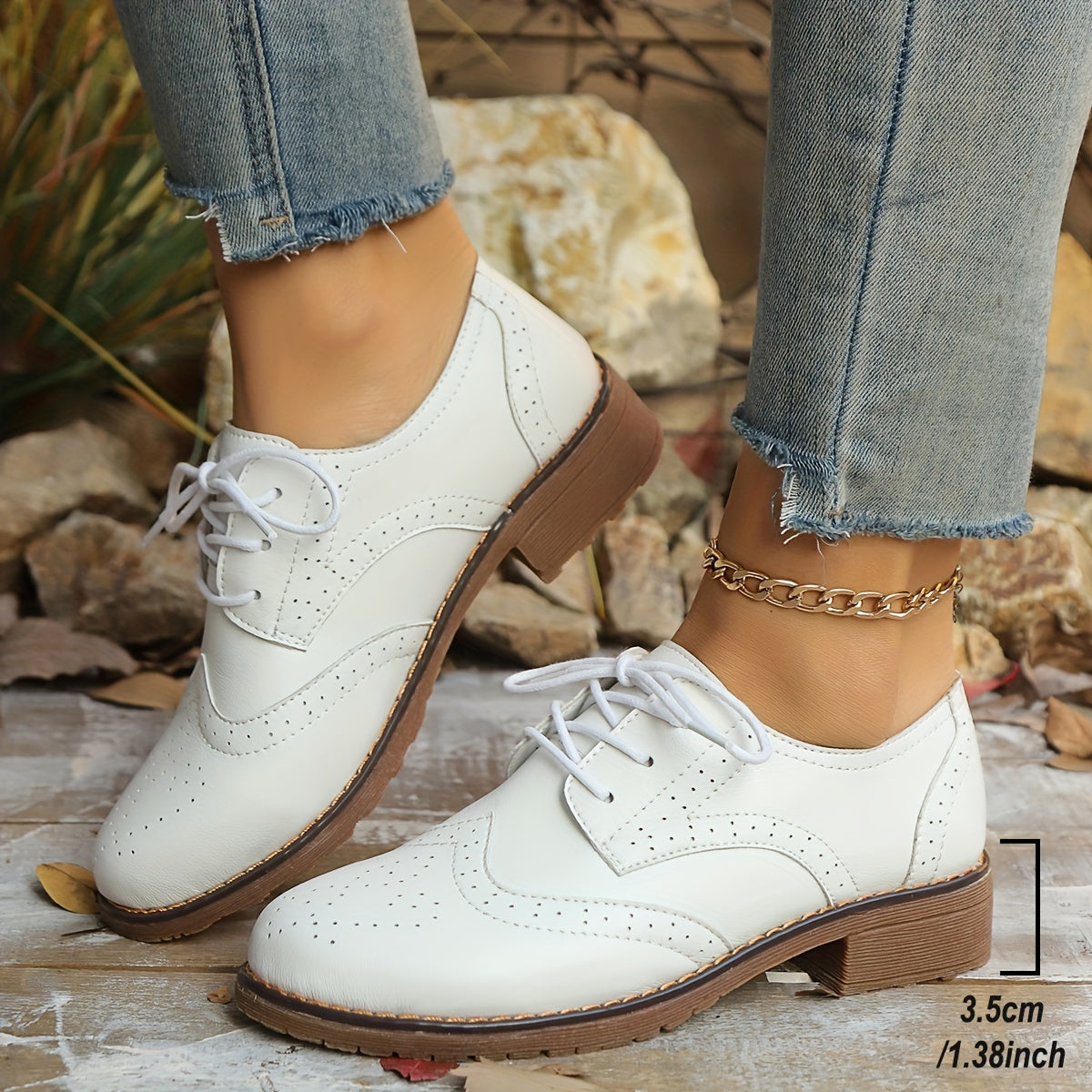 Women’s Perforated Faux Leather Brogue Shoes - Chunky Heel, Classic Lace-Up