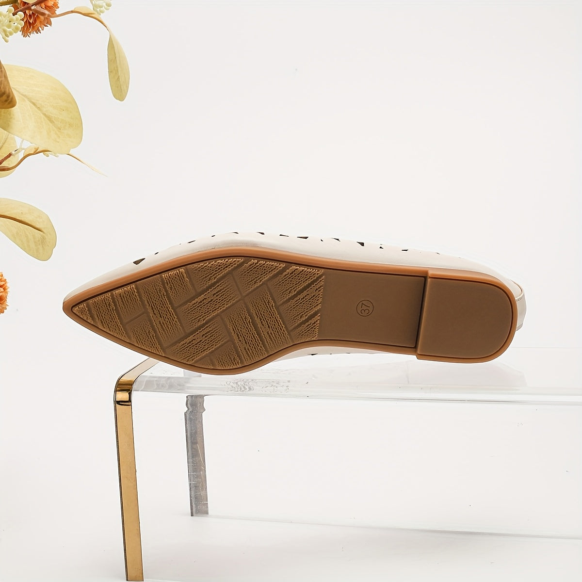 Women's Pointed-Toe Slip-On Flats Breathable Cut-Out Beige Synthetic Shoes