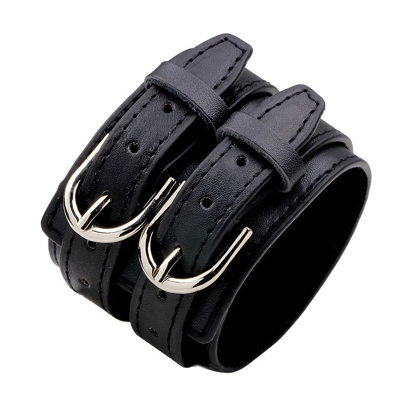 Men's Punk PU Leather Bracelet with Double Buckle and Adjustable Fit
