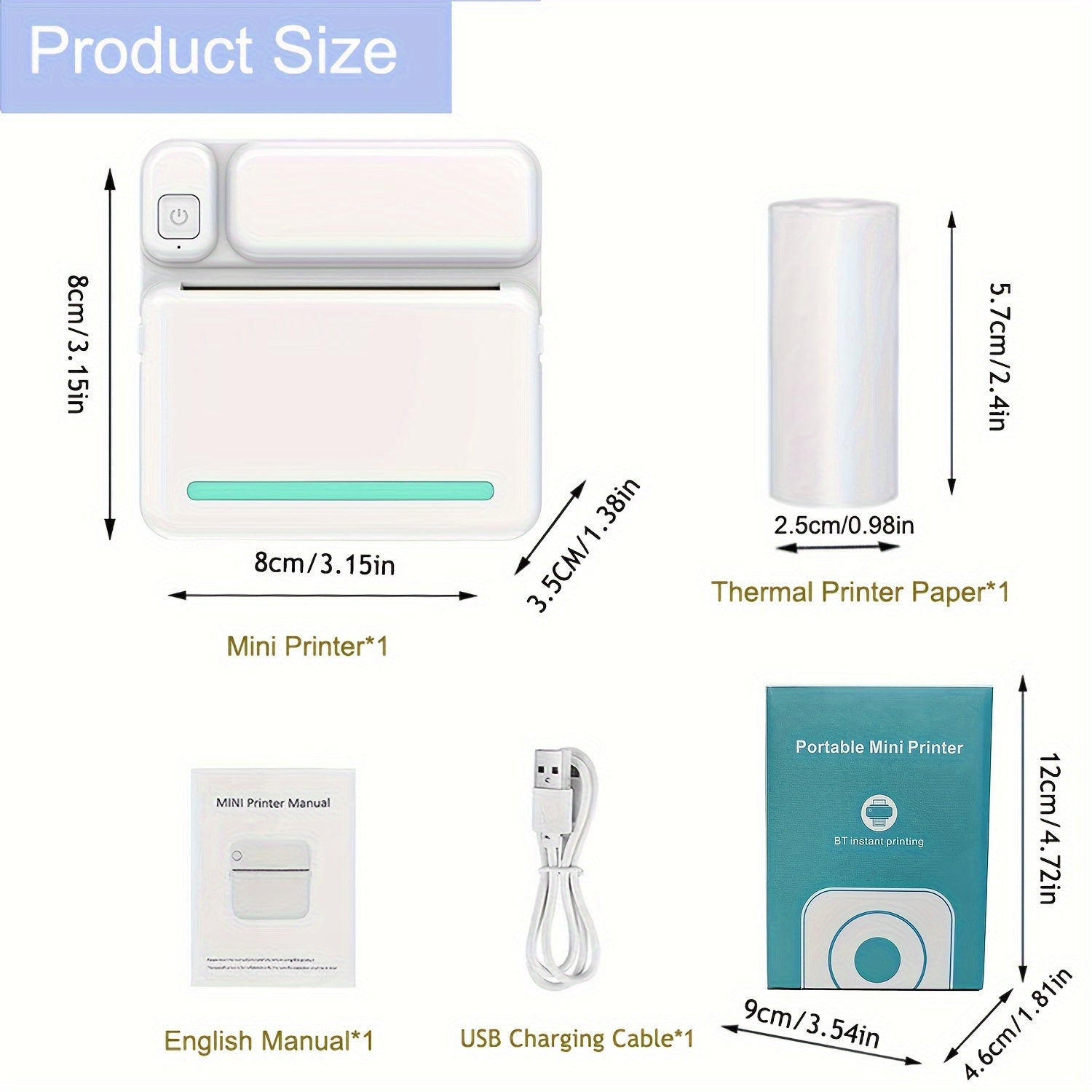 Wireless Portable Mini Thermal Printer Bundle for Smartphones Dye Sublimation USB Rechargeable 1200mAh Battery